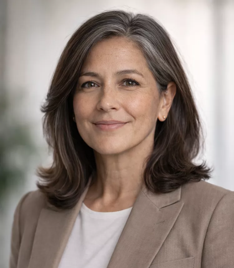 A professional woman with shoulder-length dark hair wearing a beige blazer and white top. The setting appears to be indoors with a softly blurred background featuring greenery. The overall mood is formal and composed, suitable for corporate or professional contexts.